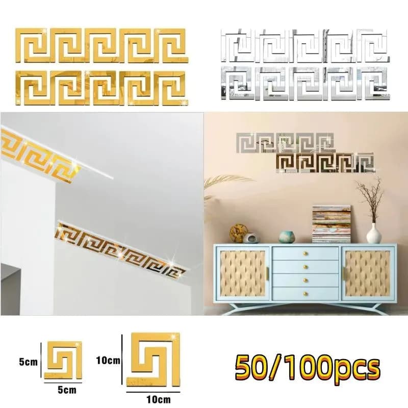 image-100/50pcs Self Adhesive Waist Line 3D Mirror Sticker 10x10cm DIY Wall Stickers for Living Room Edge Strip Corner Line Wall Decor