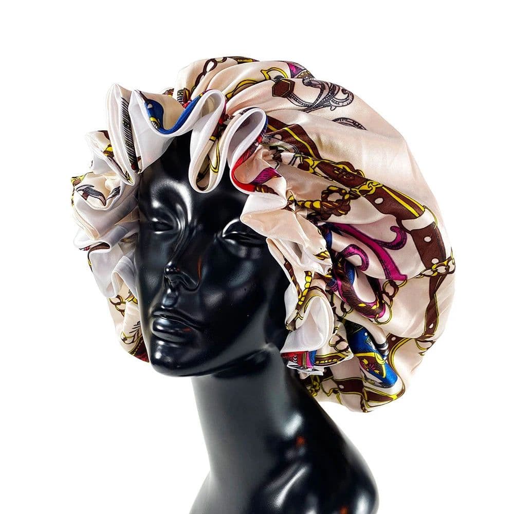 image-Women Satin Bonnet Night Sleep Cap Double Layer Elastic Head Wrap Lady Printing Sleep Cap Hair Bonnet Hat Head Cover