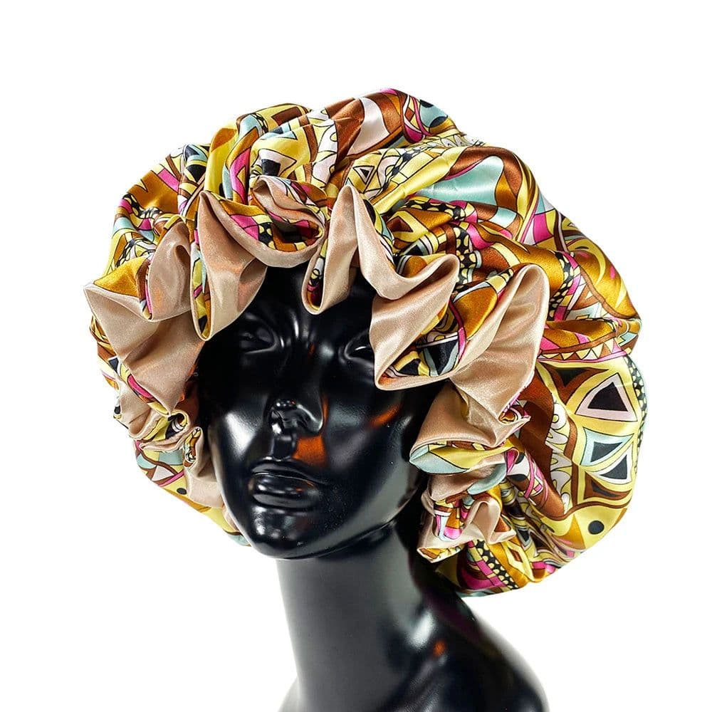 image-Women Satin Bonnet Night Sleep Cap Double Layer Elastic Head Wrap Lady Printing Sleep Cap Hair Bonnet Hat Head Cover