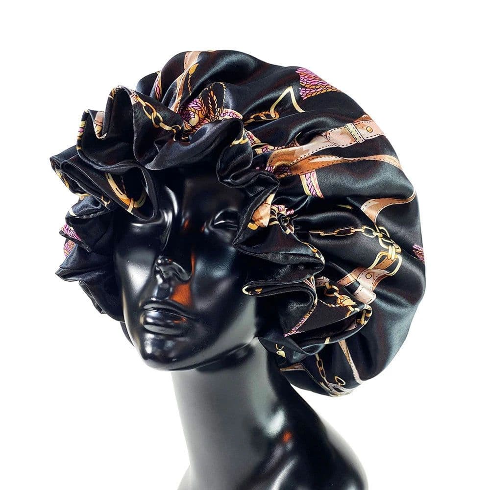 image-Women Satin Bonnet Night Sleep Cap Double Layer Elastic Head Wrap Lady Printing Sleep Cap Hair Bonnet Hat Head Cover