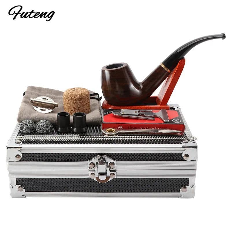 image-1 Set Smoking Ebony Pipe With Smoke Tools Pipe Rack Aluminium Storage Box Cigarette Accessories Tobacco Herb For Smoking