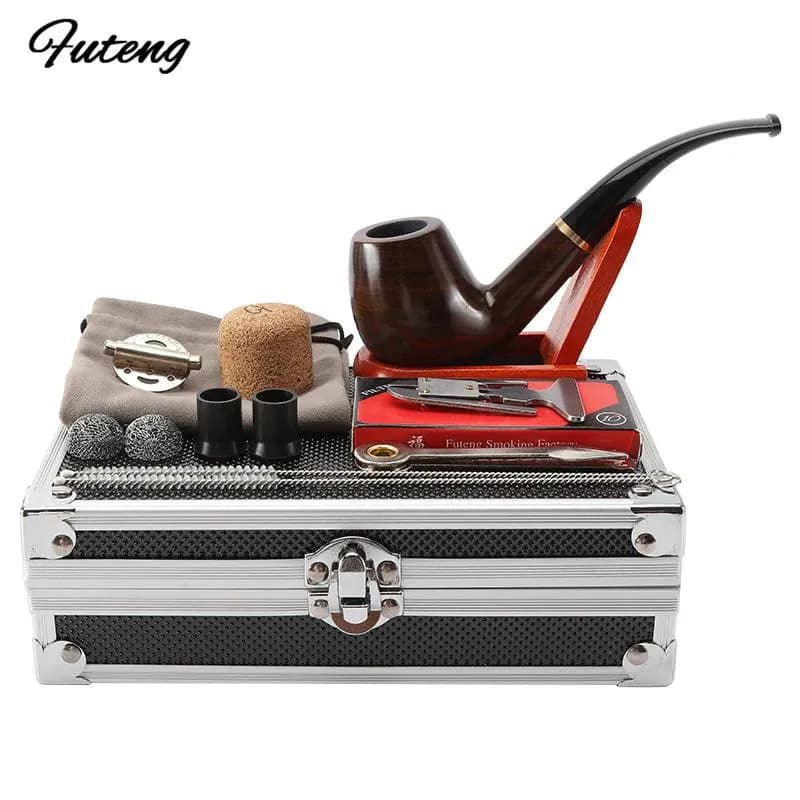 image-1 Set Smoking Ebony Pipe With Smoke Tools Pipe Rack Aluminium Storage Box Cigarette Accessories Tobacco Herb For Smoking