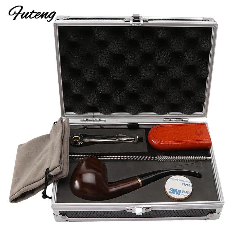 image-1 Set Smoking Ebony Pipe With Smoke Tools Pipe Rack Aluminium Storage Box Cigarette Accessories Tobacco Herb For Smoking