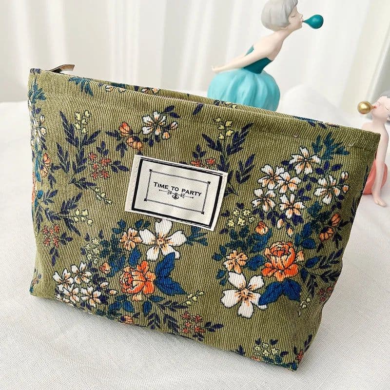 image-Travel Cosmetic Bag Beauty Storage Toiletry Bag Woman Toilet Wash Bag Girl Corduroy Makeup Bag Retro Flower Print Cosmetic Case