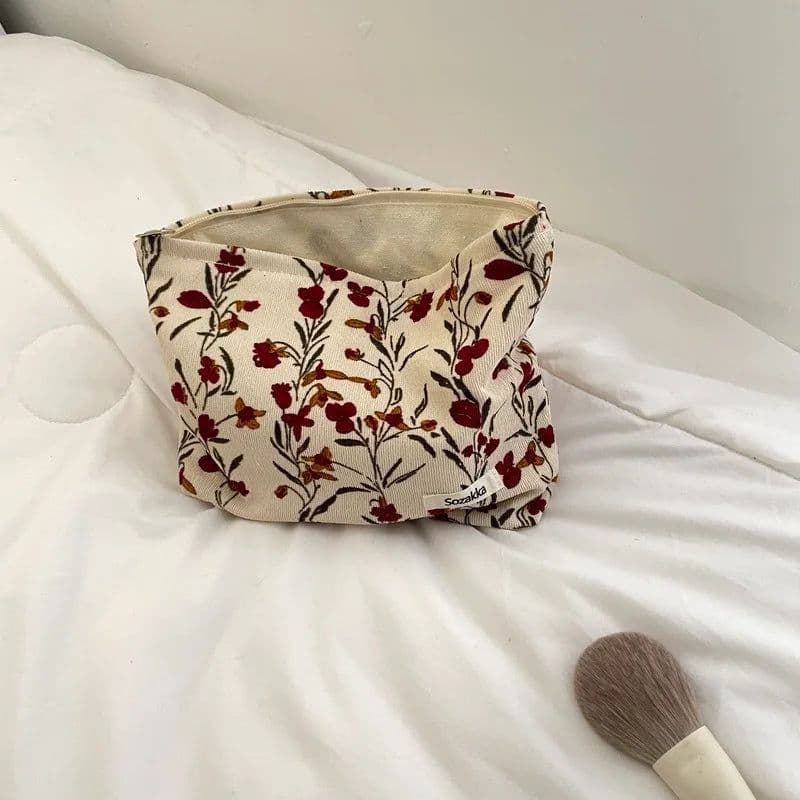 image-Travel Cosmetic Bag Beauty Storage Toiletry Bag Woman Toilet Wash Bag Girl Corduroy Makeup Bag Retro Flower Print Cosmetic Case