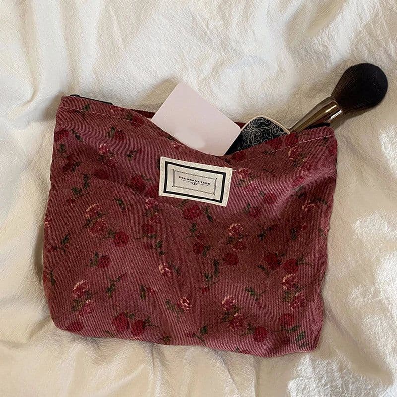 image-Travel Cosmetic Bag Beauty Storage Toiletry Bag Woman Toilet Wash Bag Girl Corduroy Makeup Bag Retro Flower Print Cosmetic Case