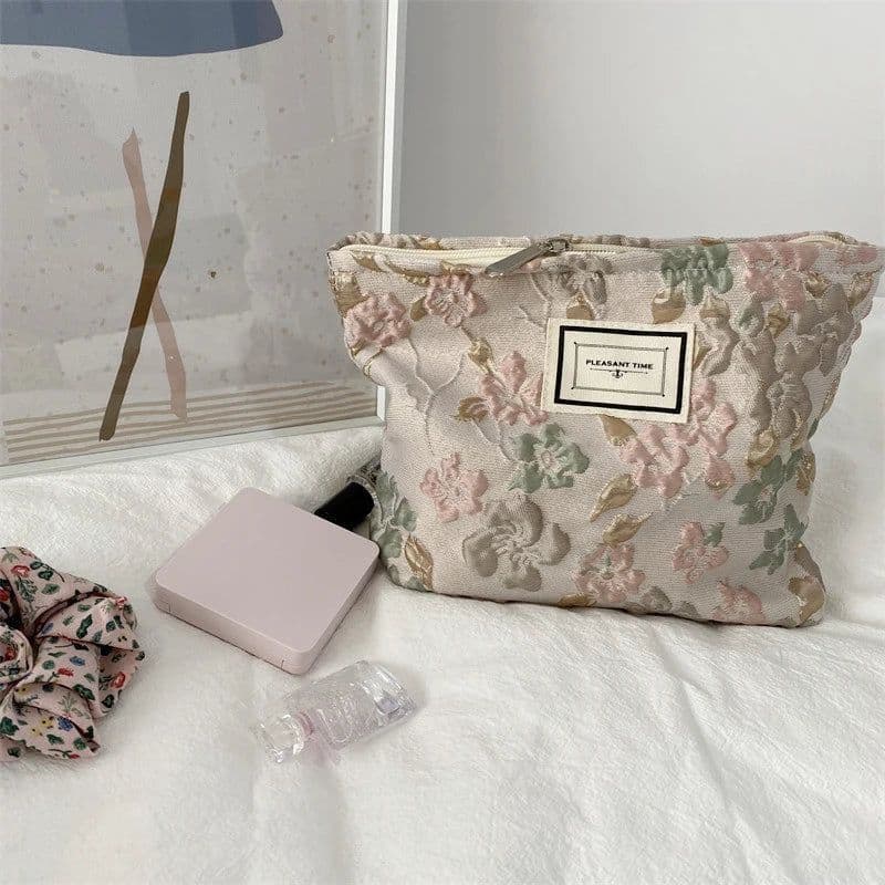 image-Travel Cosmetic Bag Beauty Storage Toiletry Bag Woman Toilet Wash Bag Girl Corduroy Makeup Bag Retro Flower Print Cosmetic Case