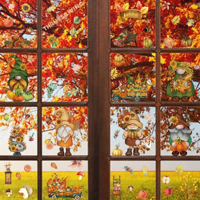 image-Thanksgiving Window Stickers Autumn Window Clings Faceless Doll Maple Turkey Electrostatic Decals DIY Festival Home Party Decor
