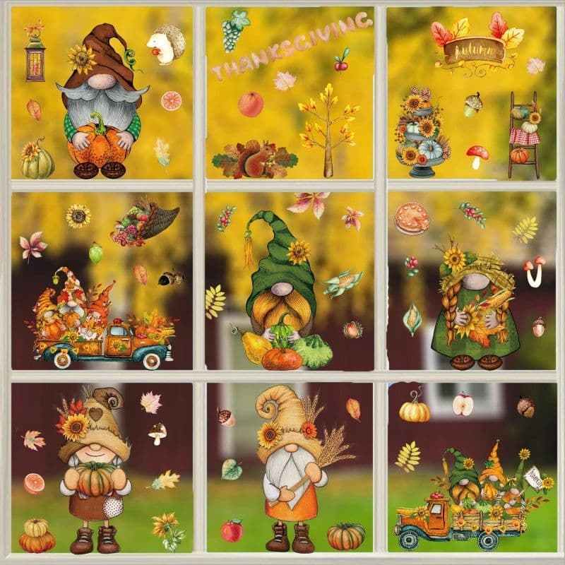 image-Thanksgiving Window Stickers Autumn Window Clings Faceless Doll Maple Turkey Electrostatic Decals DIY Festival Home Party Decor
