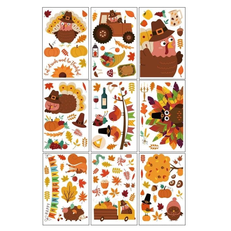 image-Thanksgiving Window Stickers Autumn Window Clings Faceless Doll Maple Turkey Electrostatic Decals DIY Festival Home Party Decor