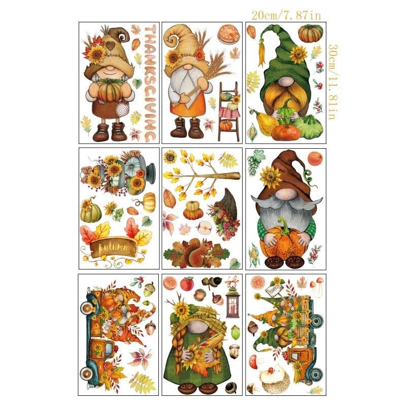 image-Thanksgiving Window Stickers Autumn Window Clings Faceless Doll Maple Turkey Electrostatic Decals DIY Festival Home Party Decor