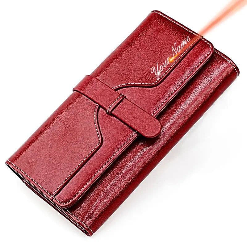 image-New RFID Genuine Leather Women Long Wallets Name Engraving Card Holder Female Wallet Phone Bag Coin Pocket Zipper Women Purse