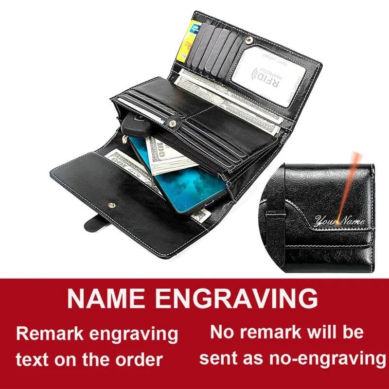 image-New RFID Genuine Leather Women Long Wallets Name Engraving Card Holder Female Wallet Phone Bag Coin Pocket Zipper Women Purse