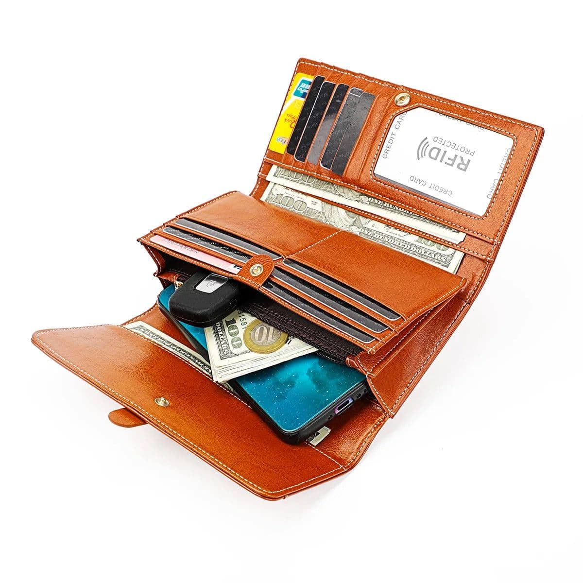 image-New RFID Genuine Leather Women Long Wallets Name Engraving Card Holder Female Wallet Phone Bag Coin Pocket Zipper Women Purse