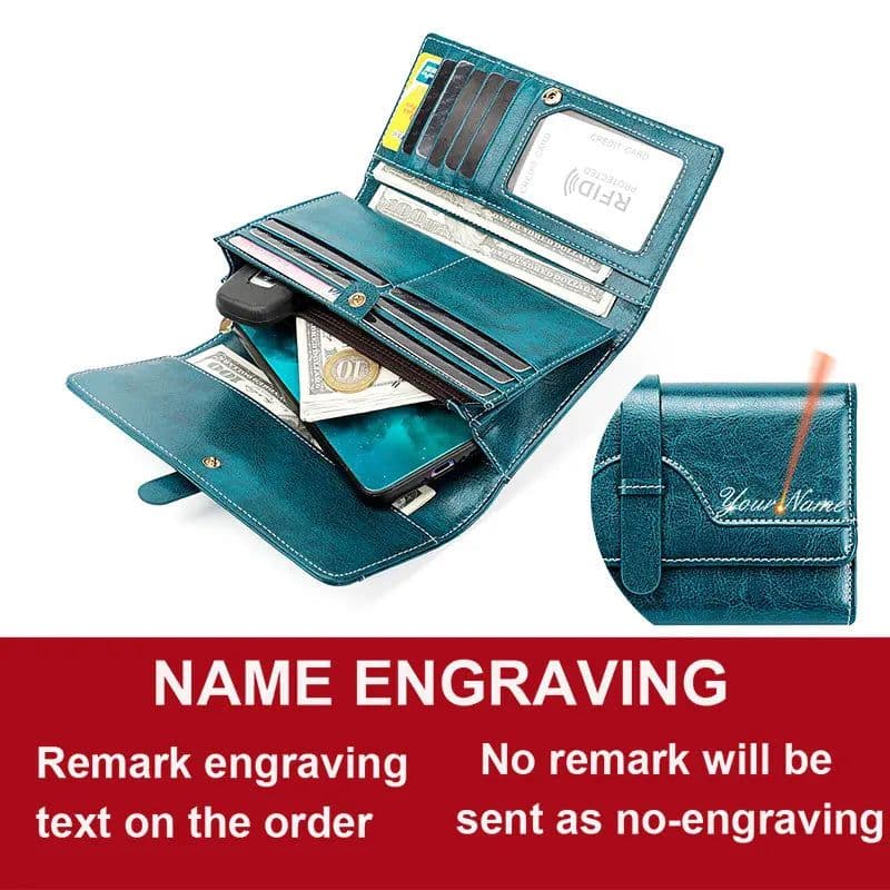 image-New RFID Genuine Leather Women Long Wallets Name Engraving Card Holder Female Wallet Phone Bag Coin Pocket Zipper Women Purse