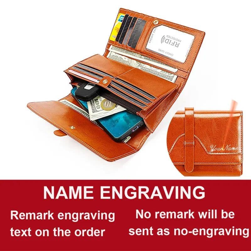 image-New RFID Genuine Leather Women Long Wallets Name Engraving Card Holder Female Wallet Phone Bag Coin Pocket Zipper Women Purse