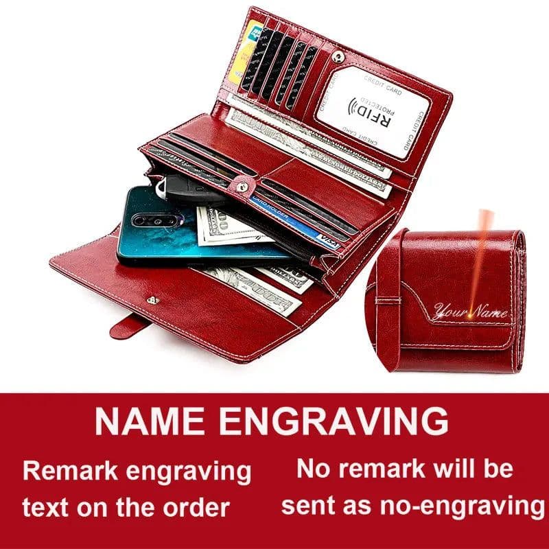 image-New RFID Genuine Leather Women Long Wallets Name Engraving Card Holder Female Wallet Phone Bag Coin Pocket Zipper Women Purse