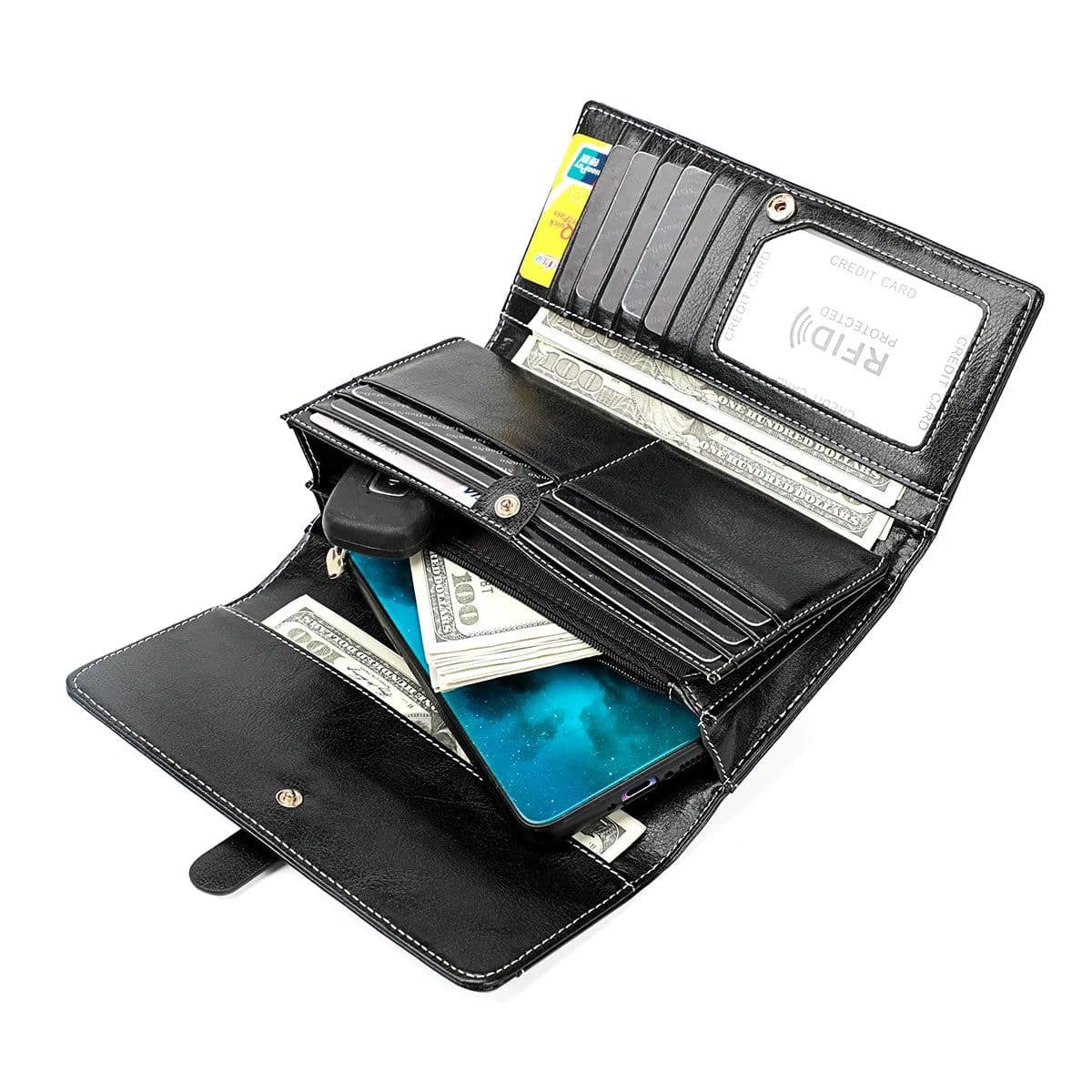 image-New RFID Genuine Leather Women Long Wallets Name Engraving Card Holder Female Wallet Phone Bag Coin Pocket Zipper Women Purse