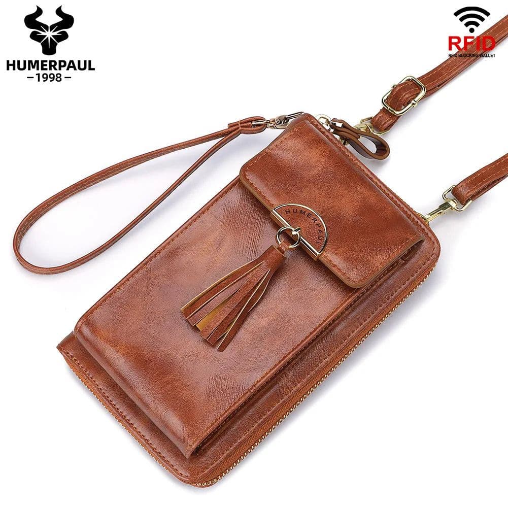 image-Soft Leather Women Shoulder Bag with Cell Phone Pocket RFID Blocking Female Clutch Card Wallets Fashion Lady Crossbody Tote Bag