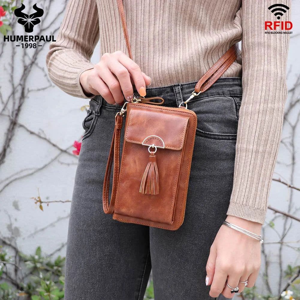 image-Soft Leather Women Shoulder Bag with Cell Phone Pocket RFID Blocking Female Clutch Card Wallets Fashion Lady Crossbody Tote Bag