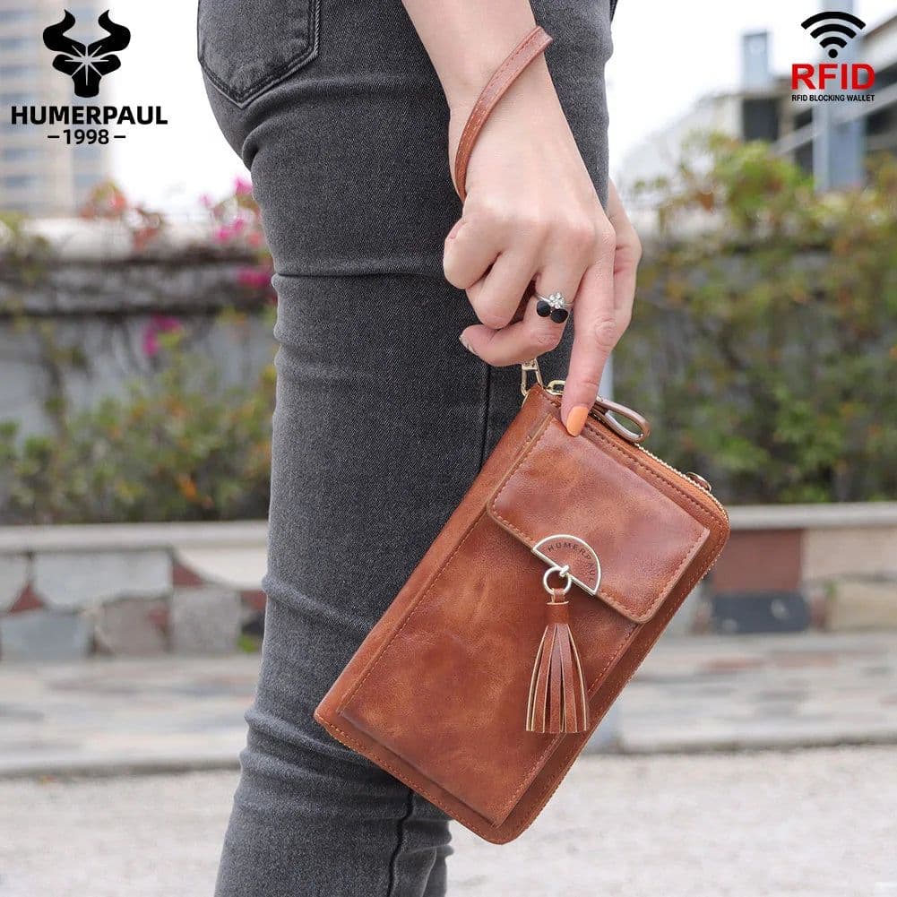 image-Soft Leather Women Shoulder Bag with Cell Phone Pocket RFID Blocking Female Clutch Card Wallets Fashion Lady Crossbody Tote Bag
