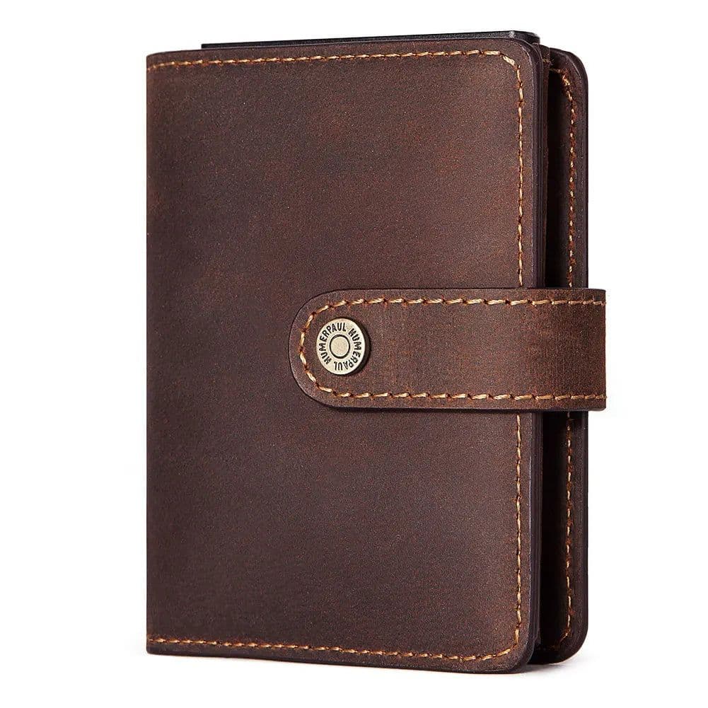 image-HUMERPAUL Crazy Horse Leather Mens Wallet with RFID Blocking Card Holder Mini Metal Pop Up Wallets Zipper Coin Pocket for Male