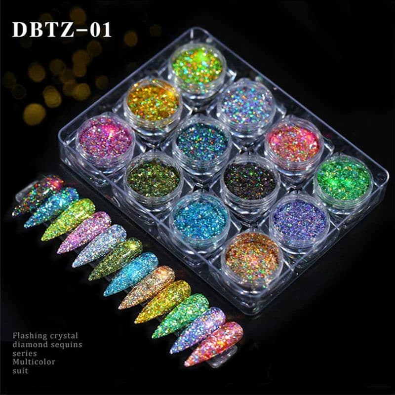 image-12pcs/set Nail Glitter Powder Dust Iridescent Flakes Sequins Gold Silver Super Shining Paillette Nail Art Manicure Decorations