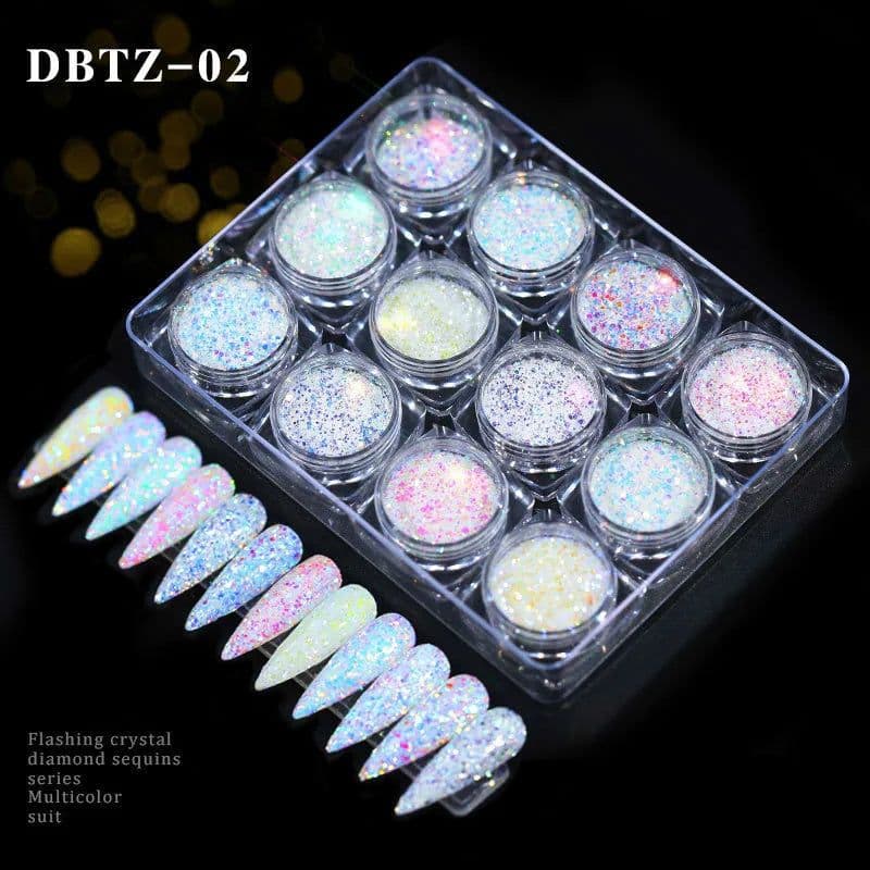 image-12pcs/set Nail Glitter Powder Dust Iridescent Flakes Sequins Gold Silver Super Shining Paillette Nail Art Manicure Decorations