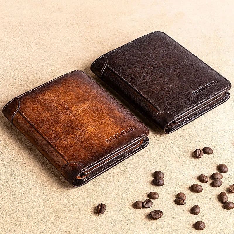 image-Men's Wallets RFID Genuine Leather Trifold Wallets For Men with ID Window and Credit Card Holder