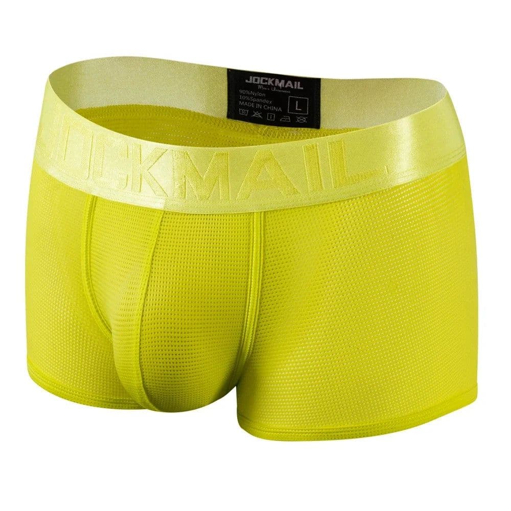 image-Fashion Fluorescent Color Men's Underwear Sporty Breathable Mesh Boxer Briefs Sexy Transparent Male Underpants Boxer Shorts