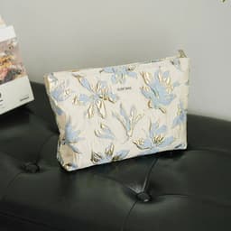 image-Blue and gold women's makeup bag, portable large-capacity storage bag, travel toiletry bag, canvas double-layer inner tank bag