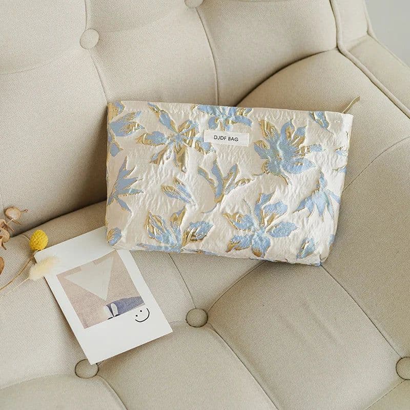 image-Blue and gold women's makeup bag, portable large-capacity storage bag, travel toiletry bag, canvas double-layer inner tank bag