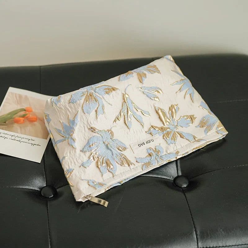 image-Blue and gold women's makeup bag, portable large-capacity storage bag, travel toiletry bag, canvas double-layer inner tank bag