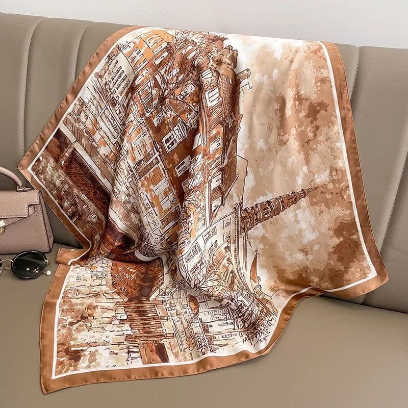image-Luxury Design Print Silk Square Scarf Women Soft Satin Horse Hairband Neckerchief Office Hijab Headband Foulard Bag Ribbons Gift