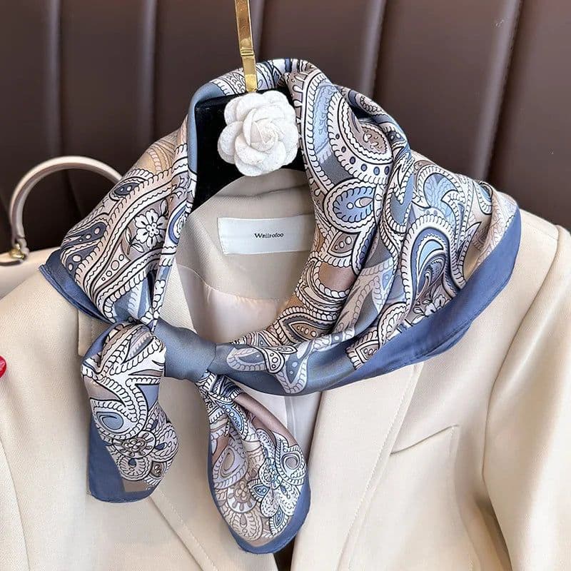 image-Luxury Design Print Silk Square Scarf Women Soft Satin Horse Hairband Neckerchief Office Hijab Headband Foulard Bag Ribbons Gift