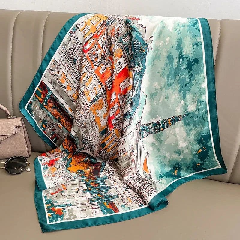 image-Luxury Design Print Silk Square Scarf Women Soft Satin Horse Hairband Neckerchief Office Hijab Headband Foulard Bag Ribbons Gift