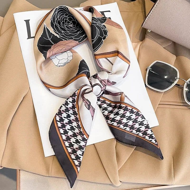 image-Luxury Design Print Silk Square Scarf Women Soft Satin Horse Hairband Neckerchief Office Hijab Headband Foulard Bag Ribbons Gift