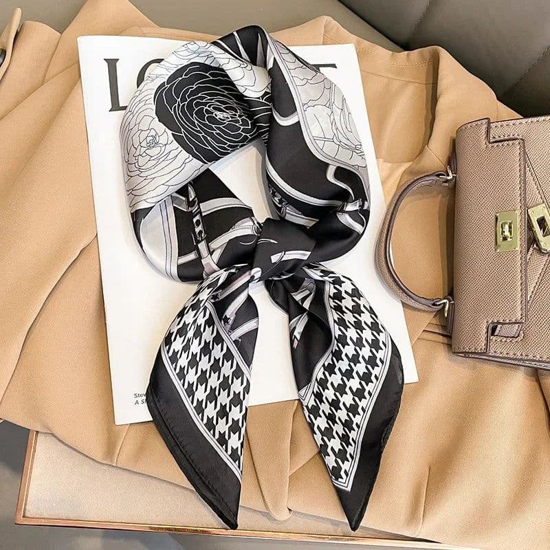 image-Luxury Design Print Silk Square Scarf Women Soft Satin Horse Hairband Neckerchief Office Hijab Headband Foulard Bag Ribbons Gift