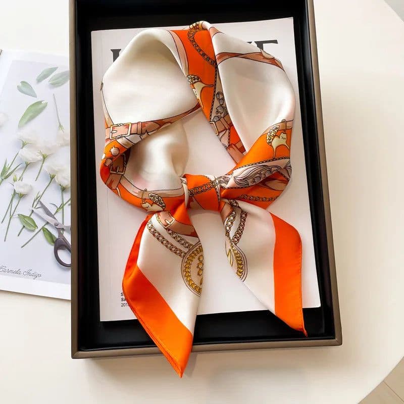 image-Luxury Design Print Silk Square Scarf Women Soft Satin Horse Hairband Neckerchief Office Hijab Headband Foulard Bag Ribbons Gift