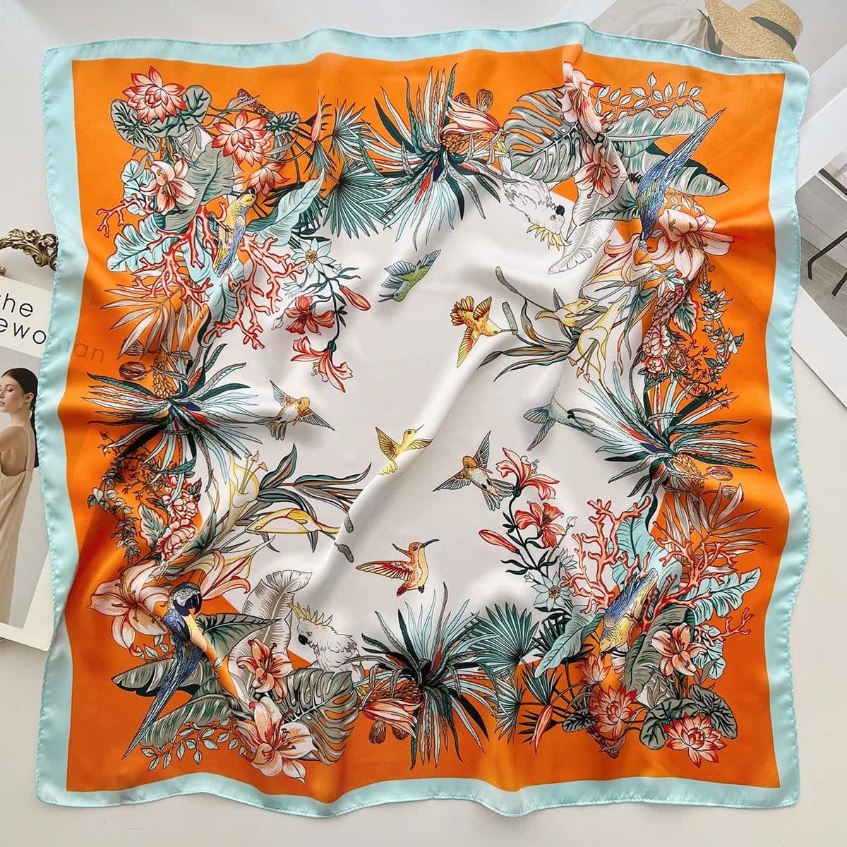 image-Luxury Design Print Silk Square Scarf Women Soft Satin Horse Hairband Neckerchief Office Hijab Headband Foulard Bag Ribbons Gift