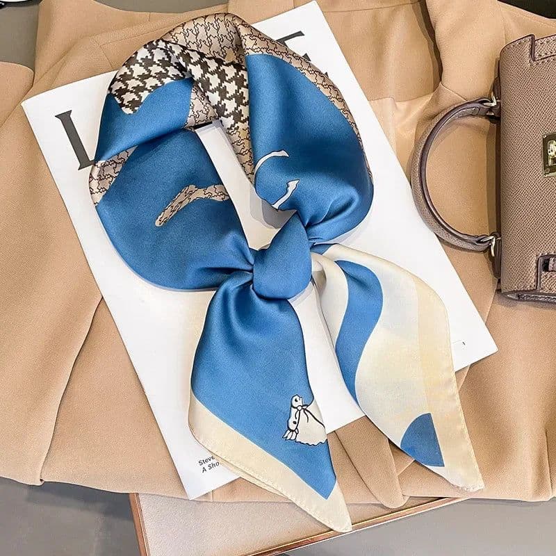 image-Luxury Design Print Silk Square Scarf Women Soft Satin Horse Hairband Neckerchief Office Hijab Headband Foulard Bag Ribbons Gift