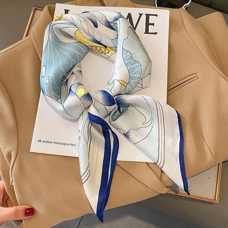 image-Luxury Design Print Silk Square Scarf Women Soft Satin Horse Hairband Neckerchief Office Hijab Headband Foulard Bag Ribbons Gift