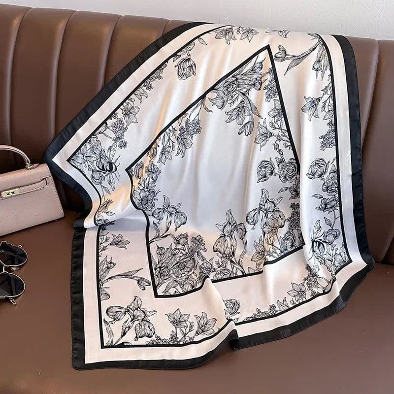 image-Luxury Design Print Silk Square Scarf Women Soft Satin Horse Hairband Neckerchief Office Hijab Headband Foulard Bag Ribbons Gift