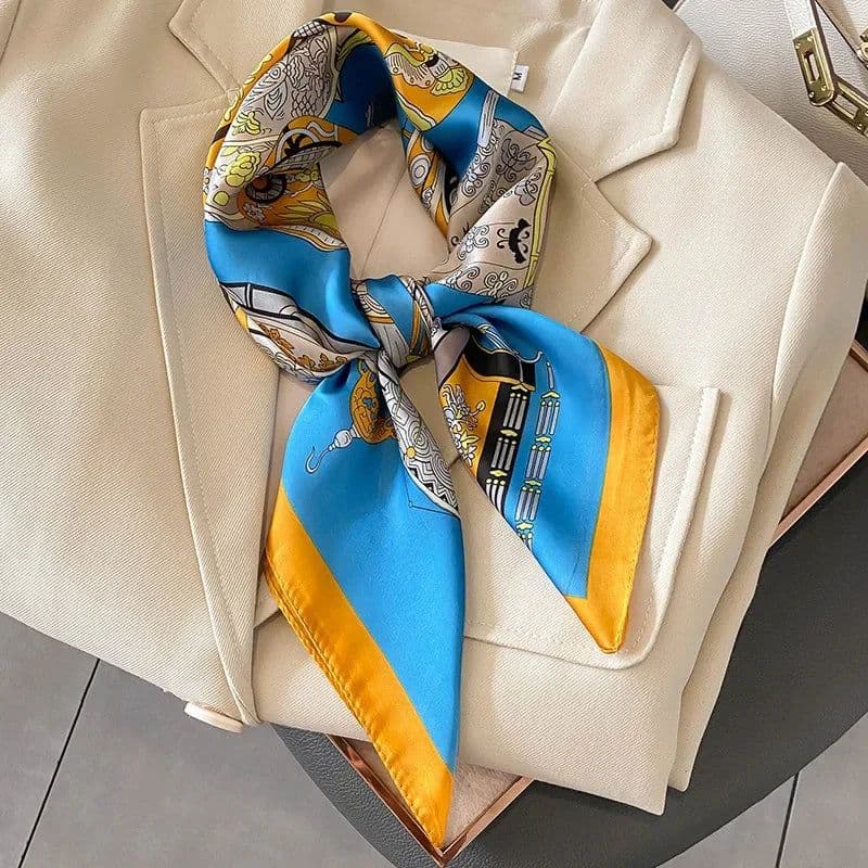 image-Luxury Design Print Silk Square Scarf Women Soft Satin Horse Hairband Neckerchief Office Hijab Headband Foulard Bag Ribbons Gift