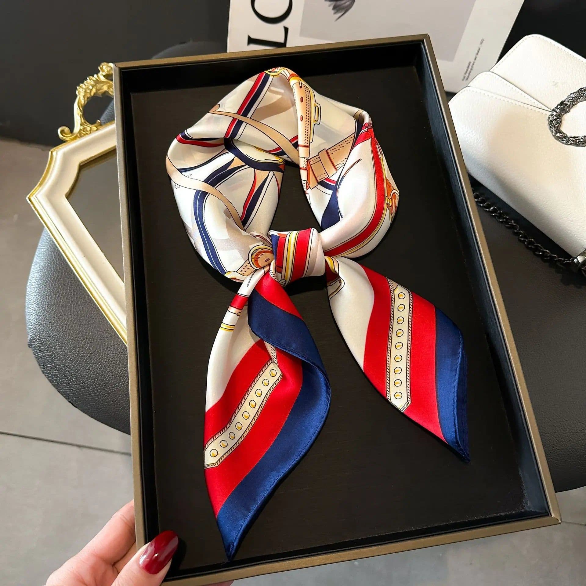 image-Luxury Design Print Silk Square Scarf Women Soft Satin Horse Hairband Neckerchief Office Hijab Headband Foulard Bag Ribbons Gift