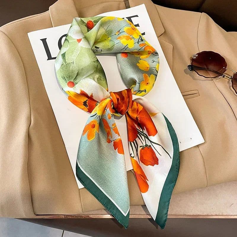 image-Luxury Design Print Silk Square Scarf Women Soft Satin Horse Hairband Neckerchief Office Hijab Headband Foulard Bag Ribbons Gift