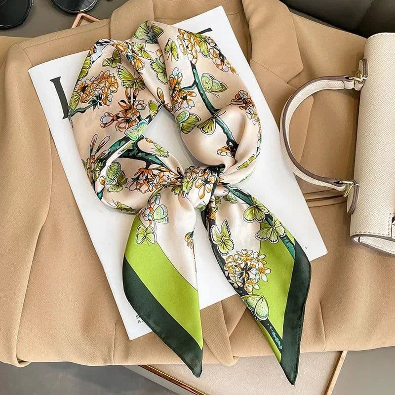 image-Luxury Design Print Silk Square Scarf Women Soft Satin Horse Hairband Neckerchief Office Hijab Headband Foulard Bag Ribbons Gift