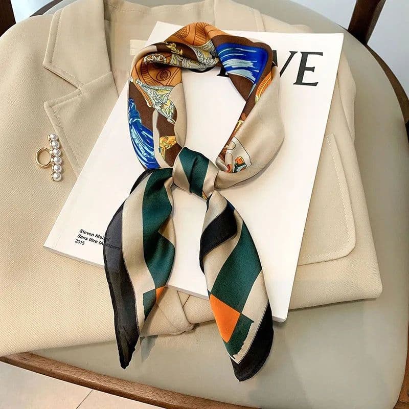 image-Luxury Design Print Silk Square Scarf Women Soft Satin Horse Hairband Neckerchief Office Hijab Headband Foulard Bag Ribbons Gift