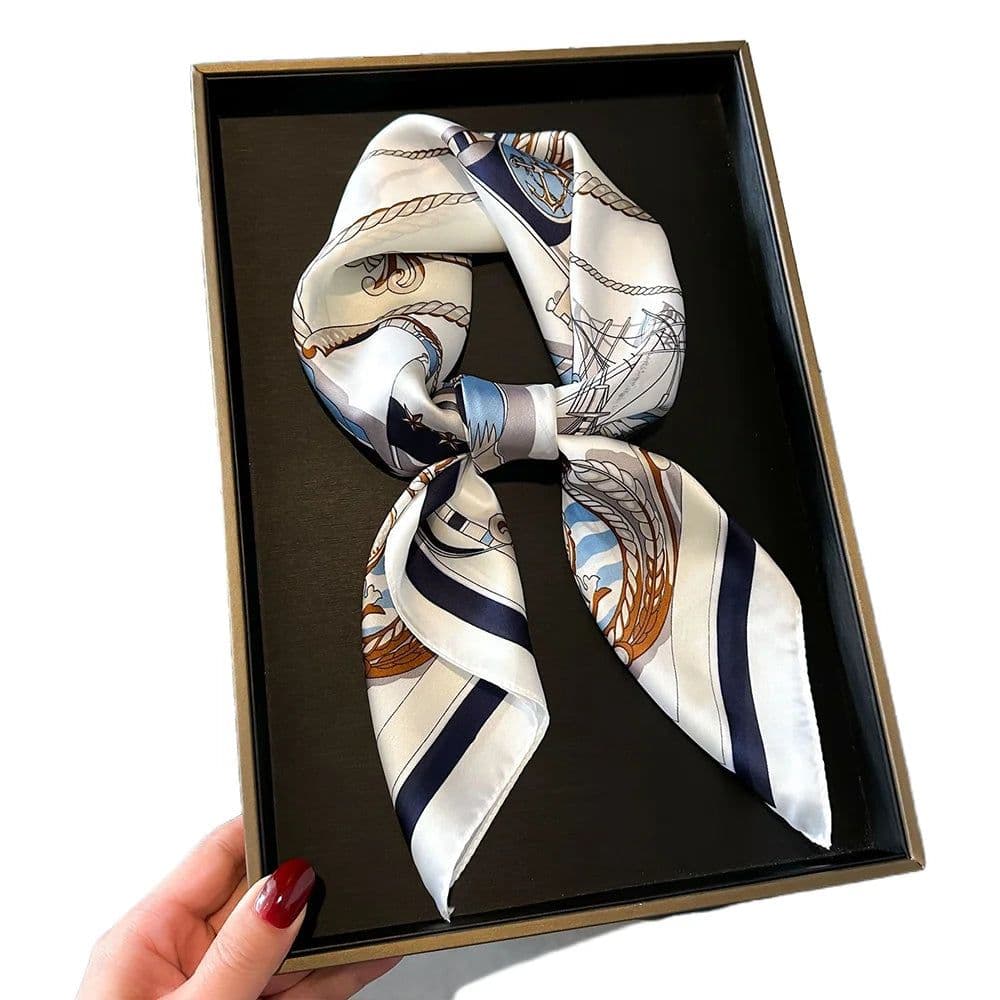 image-Luxury Design Print Silk Square Scarf Women Soft Satin Horse Hairband Neckerchief Office Hijab Headband Foulard Bag Ribbons Gift