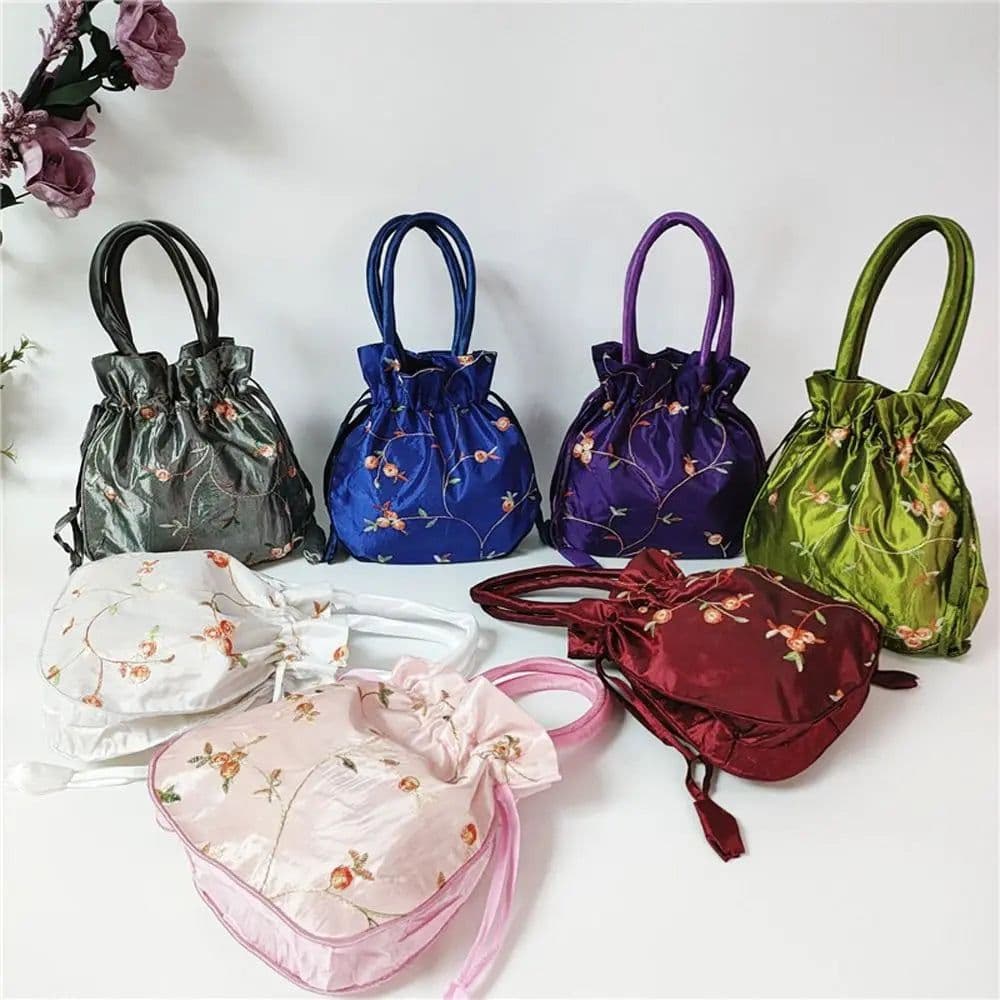 image-Retro Embroidery Silk Drawstring Handbags Women Purse Wallets Jewerly Packing Storage Bucket Bag Hanfu Accessories